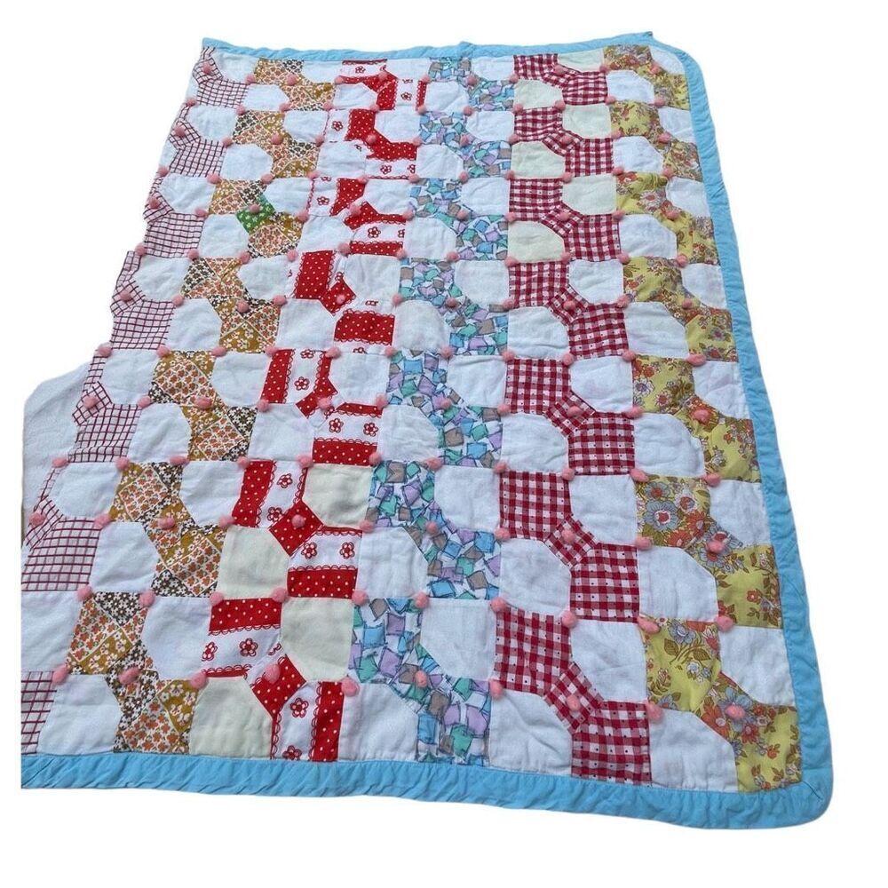 Vintage patchwork with Pom Pom baby blanket 35”X 52”